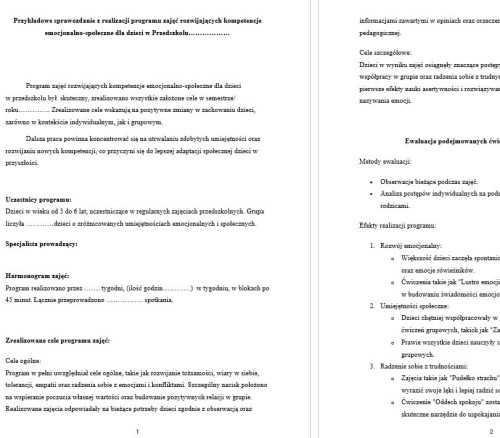 SPRAWOZDANIE. Zajęcia rozwijające kompetencje emocjonalno- społeczne w