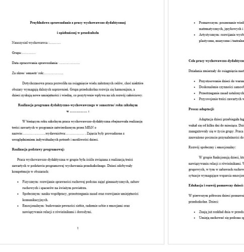 Przykładowe sprawozdanie z pracy wychowawczo-dydaktycznej i opiekuńczej