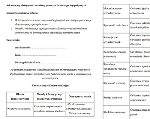ARKUSZ OCENY EFEKTYWNOŚCI Z. LOGOPEDYCZNYCH- materiał edukacyjny w
